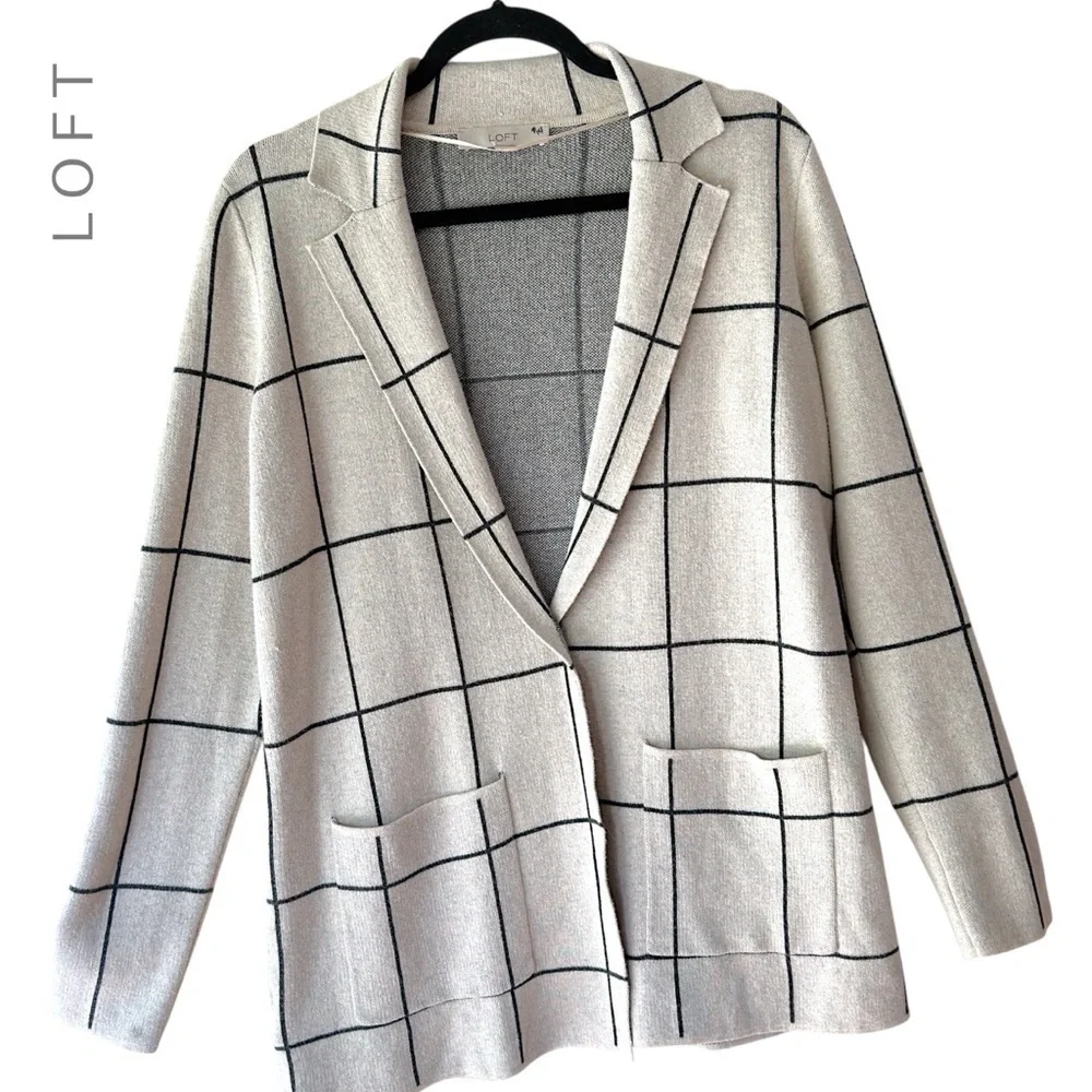 LOFT | NWOT RELAXED WINDOW PANE COTTON SWEATER BLAZER OPEN FRONT | MEDIUM